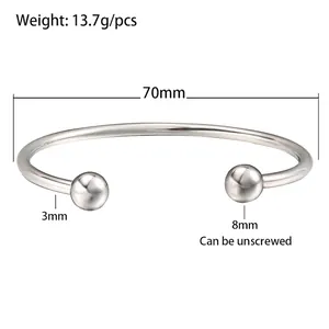 Detailed size measurements for stainless steel open cuff bracelet with ball ends