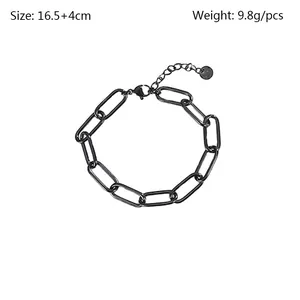 Detailed view of black stainless steel paperclip chain bracelet with adjustable clasp