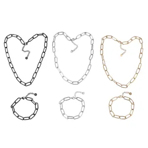 Stainless steel paperclip chain necklace and bracelet sets in black, silver, and gold