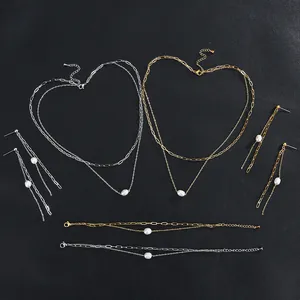 Freshwater Pearl Stainless Steel Jewelry Double Layer Chain Necklace Bracelet Bangle Dangle Earrings For Women Jewelry