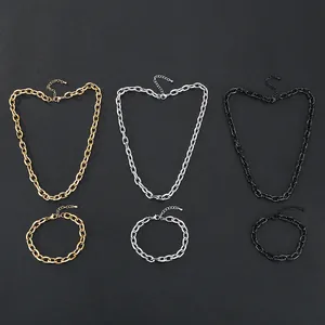 Stainless Steel Curb Chain Necklace Bracelet Jewelry Set Waterproof Vacuum Electroplated Beveled Link Chain Jewelry For Men Women Daily Accessory