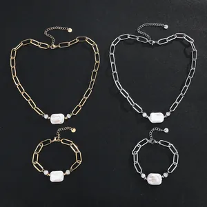 Set Collana e Bracciale in Perle d'Acqua Dolce Rettangolari in Acciaio Inossidabile Impermeabile per Donna Gioielli