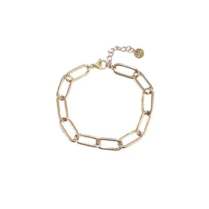 Detailed macro view of gold stainless steel paperclip chain bracelet on white