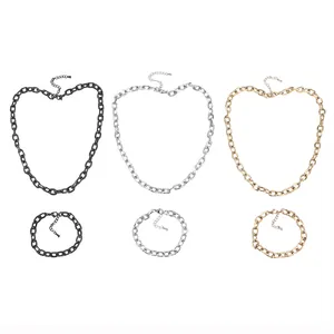 Stainless steel chunky cross chain necklace and bracelet sets in gold, silver, and black.