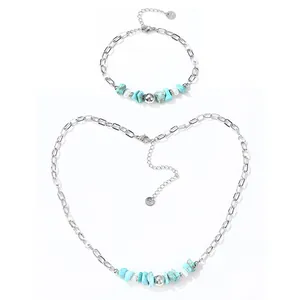 Set collana e bracciale in acciaio inossidabile con pietre di turchese naturali e perle