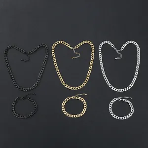 Unisex Stainless Steel Cuban Link Chain Necklace Bracelet Set Fashion Hip Hop Style Waterproof Electroplated Jewelry For Men Women
