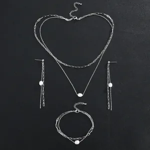 Elegant stainless steel jewelry set with freshwater pearls and double-layered chains