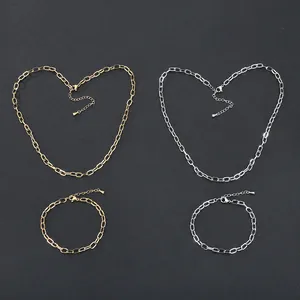 Roestvrij Stalen Paperclip Ketting Sieradenset Waterdicht Kleurvast Schakelketting En Armband Voor Dames Heren Sieraden
