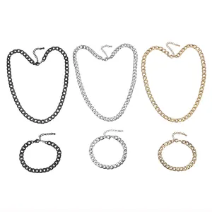 Three-color Cuban link necklace and bracelet set in black, silver, and gold plating