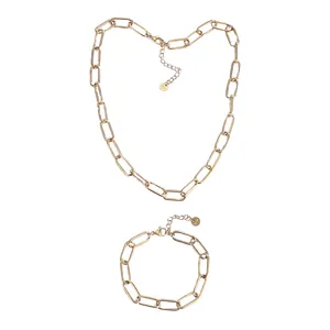 Detailed view of gold-toned stainless steel paperclip chain necklace and bracelet set
