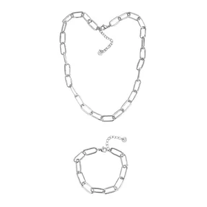 High-quality silver stainless steel paperclip chain necklace and bracelet jewelry set
