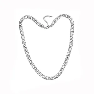 Macro view of polished silver stainless steel chunky Cuban link chain necklace detail