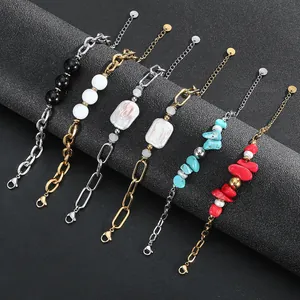 Bracciale in Acciaio Inossidabile Impermeabile per Donna Perla d'Acqua Dolce Pietra Naturale Intarsiata Catena Placcata Oro 18K