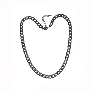 Close-up view of a black stainless steel Cuban link chain necklace with lobster clasp