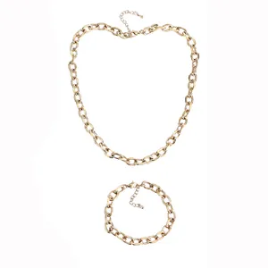 Gold-plated stainless steel chain necklace and bracelet jewelry set on white background