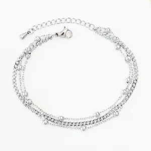 Close-up of triple-layered stainless steel bead chain bracelet in silver finish