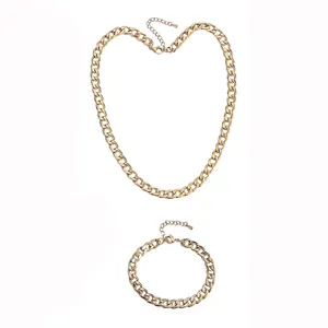 Detailed view of gold-plated stainless steel Cuban link necklace and bracelet set