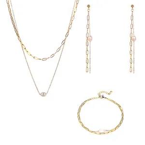 Close-up detail of freshwater pearl and gold stainless steel jewelry set for women
