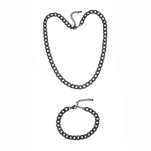 Detailed view of black stainless steel Cuban NK chain necklace and bracelet jewelry set on white