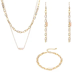 Elegante set di gioielli in acciaio inossidabile e perle d'acqua dolce collana bracciale