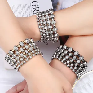 Stainless Steel Mesh Texture Beaded Bracelet Waterproof Non-fading Bicolor Metal Beads Elastic Hand Chain Jewelry For Unisex