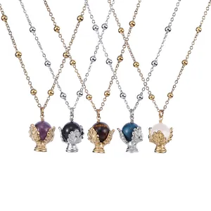 Collana con Pendente in Pietra Naturale in Acciaio Inossidabile per Donna Design Foglia di Loto Oro Argento Gioielli Vintage