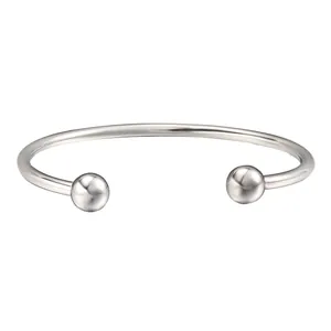 Minimalist stainless steel open cuff bangle with detachable ball ends silver finish