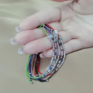 Bracelets en cordon tressé réglables faits main avec perles en acier inoxydable multicolores