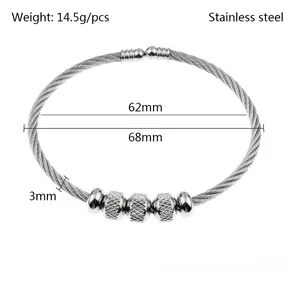 Stainless steel wire cable bracelet with textured beads, 62mm inner diameter detail
