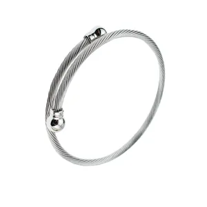 Detailed view of a silver stainless steel twisted wire open bangle bracelet for women