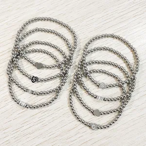Stainless Steel Beads Elastic Bracelet For Women Men Waterproof Heart Initial Letter Pendant Bead Strand Bracelet