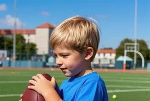 Close-up of a child wearing a flexible silicone sports wristband while holding a football.