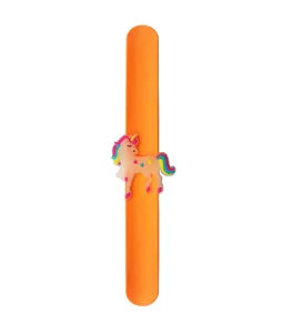 Close-up of an orange silicone slap bracelet with a cute cartoon unicorn charm