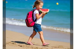 Joli porte-clés fraise pour sacs à dos d'enfants, présenté dans un décor de plage.