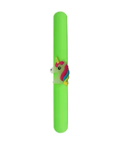 Close-up of a green silicone slap bracelet featuring a colorful cartoon unicorn detail.