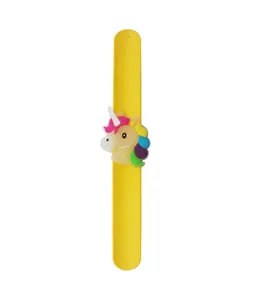 Detailed view of yellow silicone slap bracelet featuring a colorful cartoon unicorn ornament