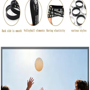 Détails des bracelets en silicone de volleyball avec citations et scène d'action sportive.