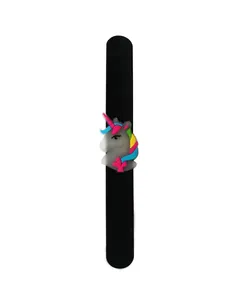 Black silicone slap bracelet featuring a colorful 3D cartoon unicorn charm for kids.