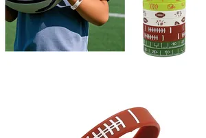 Detail showing various colorful silicone football wristbands with sport graphics for fans