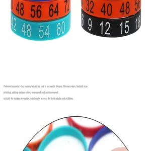 Close-up of colorful silicone wristbands with printed numbers and product feature description