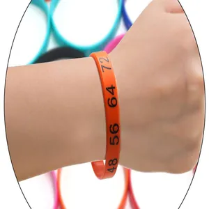 Detail view of orange silicone wristband featuring printed black numbers on adult wrist