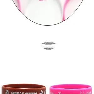 Detail of silicone wristbands featuring cowboy culture theme text and graphics for party gifts