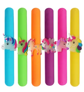 Luminous silicone slap bracelets featuring cartoon unicorn charms in six vibrant colors