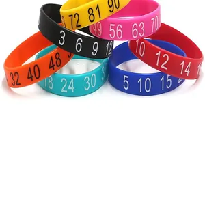 Close-up detail of colorful silicone wristbands featuring high-contrast printed numbers