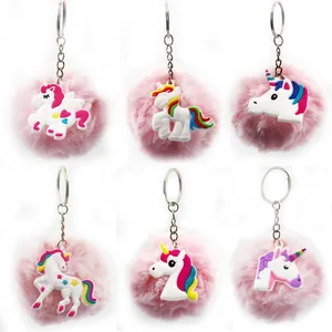 Mignon Licorne Fausse Fourrure Pompon Porte-clés PVC Colle Souple Sac Charme Arc-en-ciel Licorne Porte-clés pour Femmes Filles Bijoux