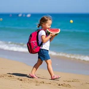 Joli porte-clés en forme de fraise sur un sac à dos rose pour enfants à la plage