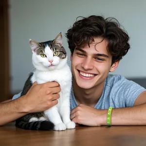 Green silicone wristband with white cat paw prints worn by smiling man hugging a cat