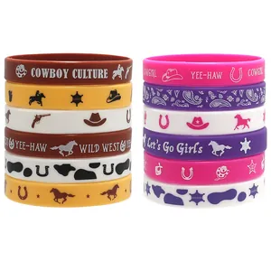 Cowboy themed silicone wristbands with Wild West and Cowgirl patterns for party gifts