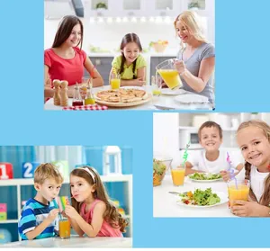 Children using colorful reusable curly plastic straws for drinking juice at a birthday party