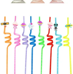 Set of 8 colorful reusable spiral plastic straws with cute space-themed toppers for parties